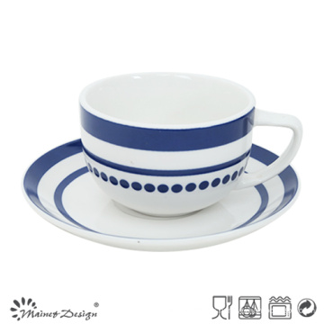 8oz Porzellan Tasse und Untertasse mit eleganten blauen Aufkleber